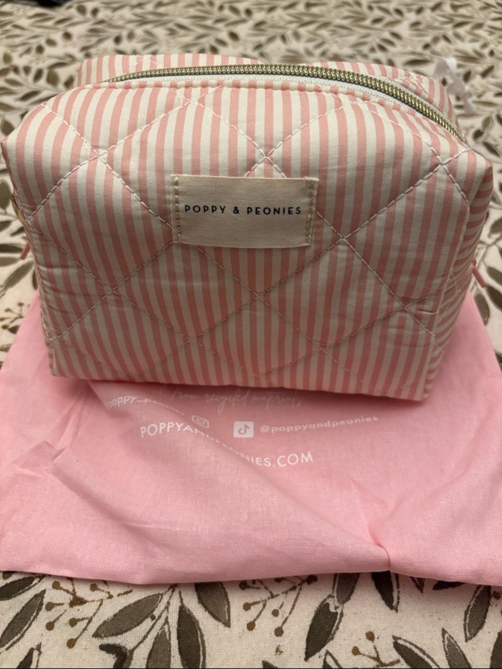 Poppy & Peonies Pink and White Quilted Stripe Pouch